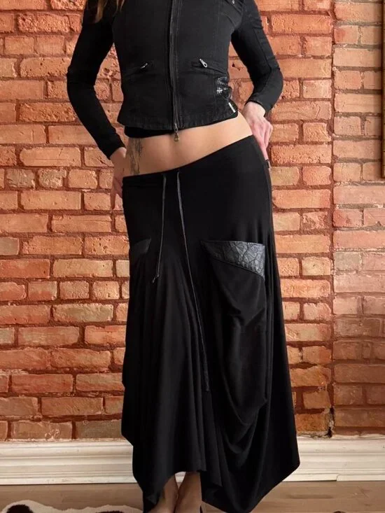 Y2K Black Draped Midi Skirt Asymmetrical Minimal Goth Utility (S) - Picture 4 of 8